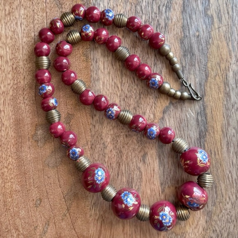 Vintage Oxblood Ceramic Bead Necklace Hand Painted Floral Chinoiserie Gilt MCM